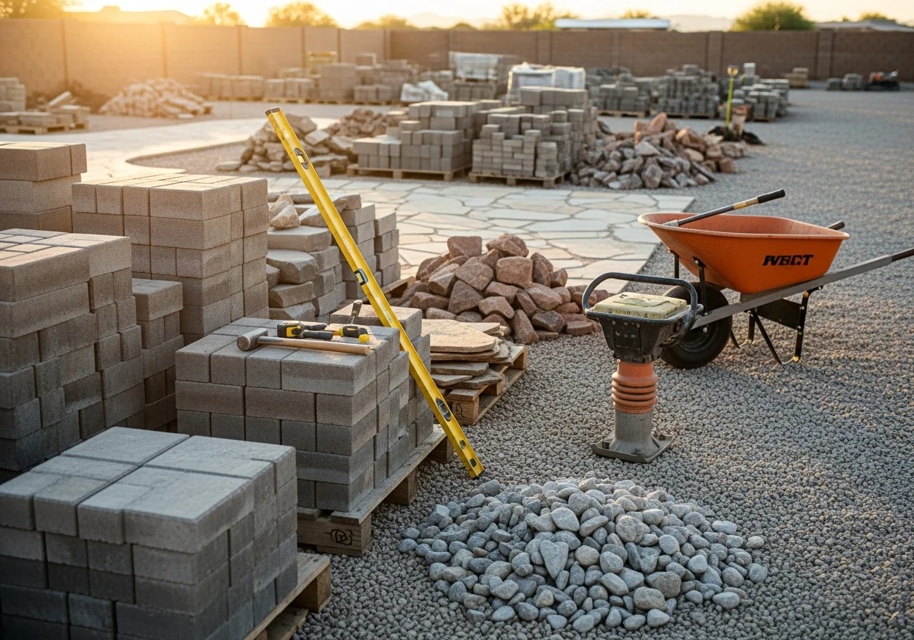 Hardscape tools and materials on a job site, including pavers, rock, and installation equipment ready for outdoor project work.