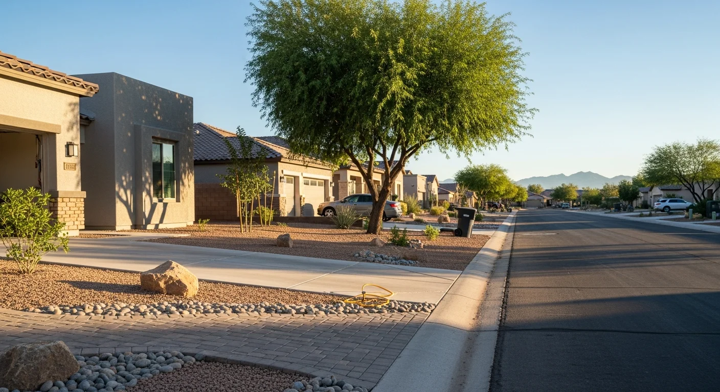 Residential street in Avondale with newer homes and mature landscaping under clear Arizona sky.