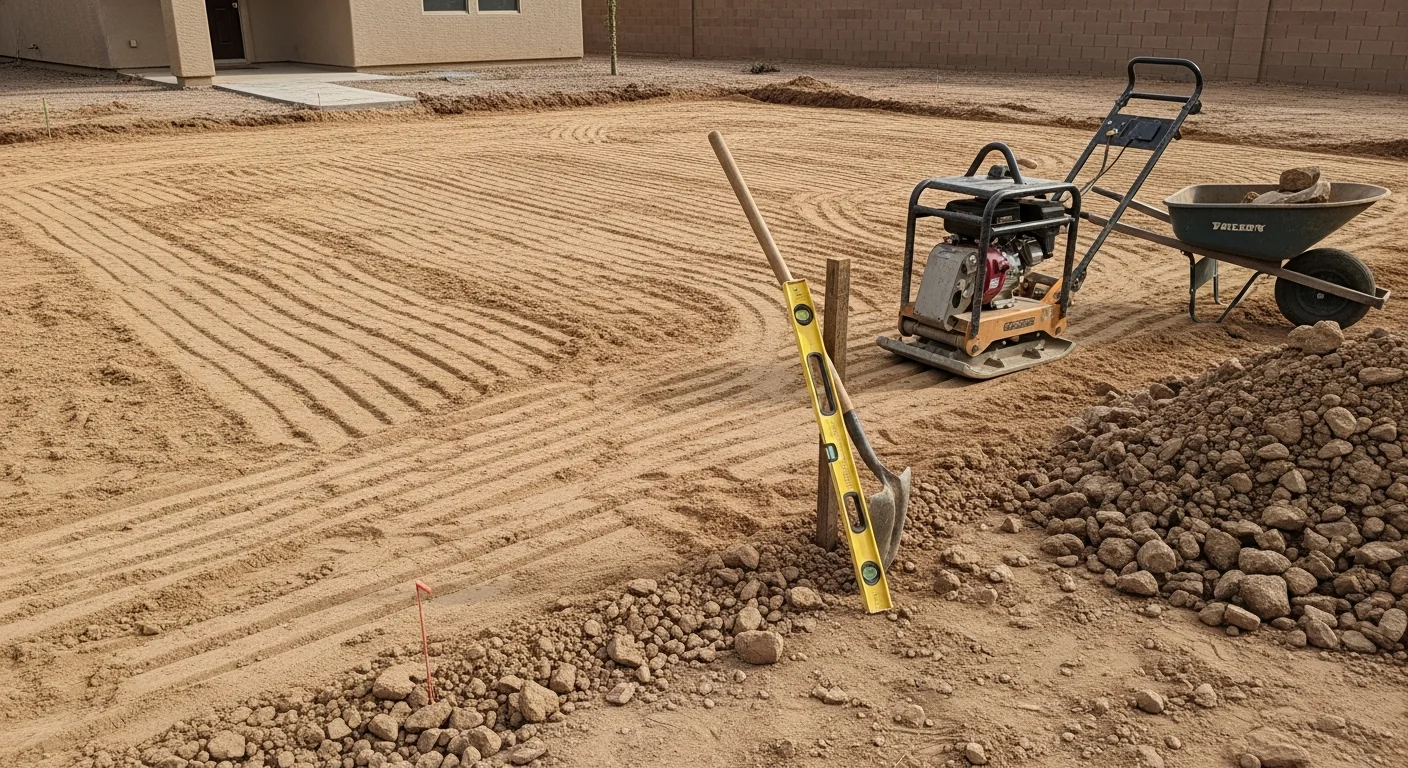 A residential backyard in Avondale, AZ during hardscape site preparation, showing cleared and graded desert soil with compacted sub-base material ready for paver installation. An Alpha Turf, LLC crew works in the background under a clear Arizona sky.