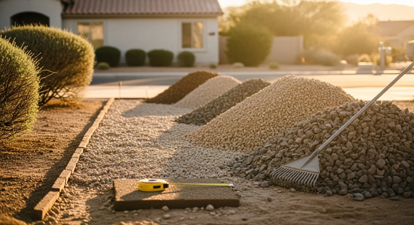 Bulk decomposed granite and landscape rock delivered and staged in the front yard of an Avondale, AZ residential property. Desert-style xeriscape bed with gravel ground cover visible along the home's foundation.