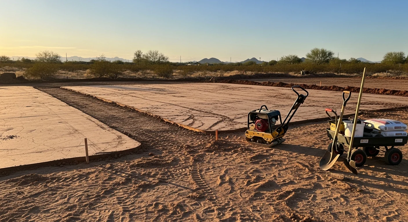A cleared and graded residential yard in Avondale, AZ showing freshly leveled desert soil ready for landscape installation. The ground surface is smooth and sloped away from the home's foundation with no debris or vegetation remaining.