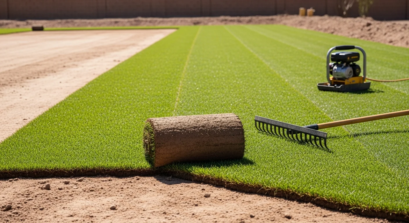 Freshly installed synthetic turf covering the front yard of a newly built home in Avondale, AZ, with a compacted base and clean edges visible along the property line. The green turf surface contrasts with the desert landscaping of the surrounding new development lot.