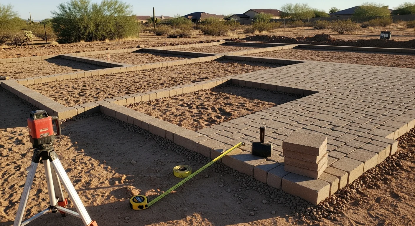 A finished hardscape patio installed by Alpha Turf, LLC in an Avondale, AZ backyard, showing a level surface with clean edges and desert-appropriate materials. The patio connects to the rear of a single-story home with open yard space surrounding it.