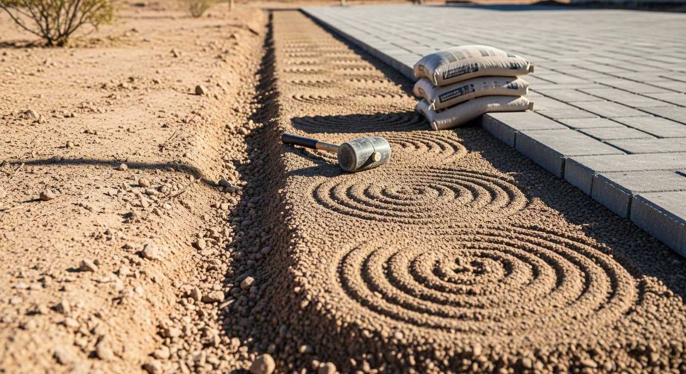 Freshly installed interlocking pavers forming a backyard patio at a residential home in Avondale, AZ. The surface shows a clean geometric pattern with tight joints and a compacted base visible along the edge border.