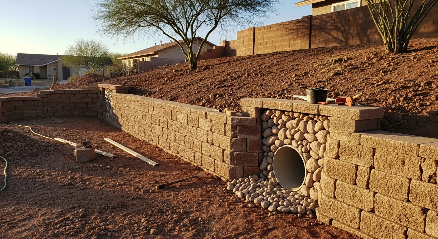 A finished retaining wall installed by Alpha Turf, LLC in an Avondale, AZ backyard, holding back a graded slope and creating a flat usable area behind a single-story desert home. Gravel backfill and a clean block face are visible against a dry desert landscape.