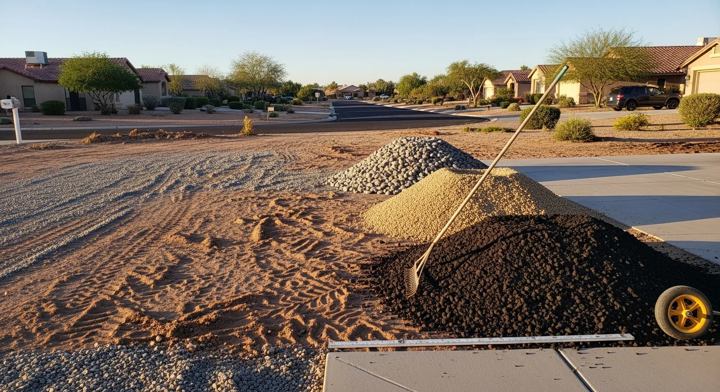 Bulk decorative ground cover rock freshly spread across a desert-landscaped front yard at an Avondale, AZ residential property. Clean rock borders line a xeriscape bed with desert plants alongside a stucco home exterior.