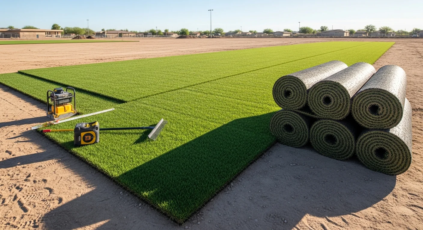 Freshly installed green synthetic turf covering a school playground and adjacent athletic field on an Avondale, AZ campus. The surface is smooth and even, with clear activity zones visible under a bright Arizona sky.