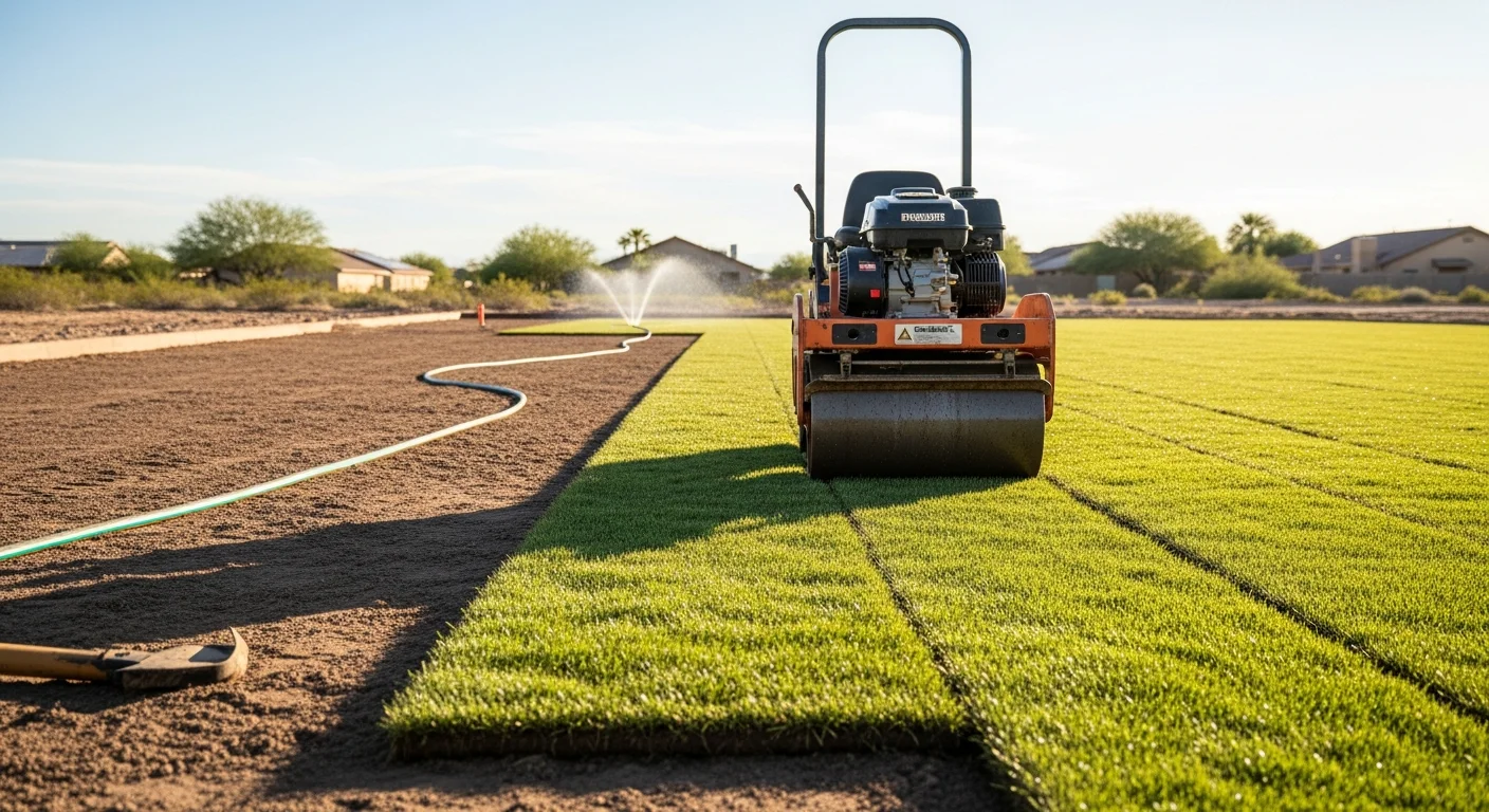 Freshly installed warm-season sod covering a residential backyard in Avondale, AZ, with clean sod seams and a graded, level surface. A landscape contractor from Alpha Turf, LLC rolls the sod to press it firmly against the prepared desert soil.