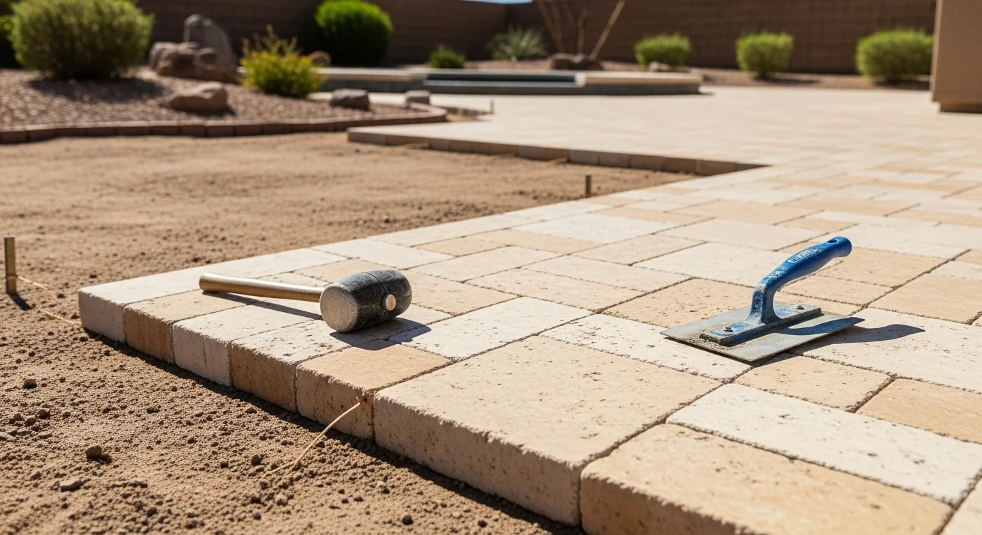 Freshly installed travertine patio and pool deck at an Avondale, AZ residential property, showing light ivory stone pavers with natural texture variation and tight joint lines. The surface extends from a covered patio area to the pool edge under a clear Arizona sky.