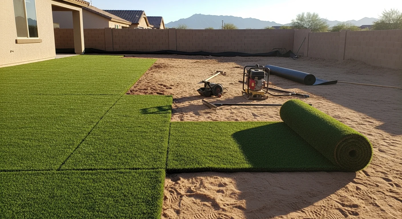 Freshly installed green artificial turf covering a residential backyard in Avondale, Arizona, with clean edges bordered by desert landscaping. The surface is smooth, seamless, and ready for use under a clear Arizona sky.